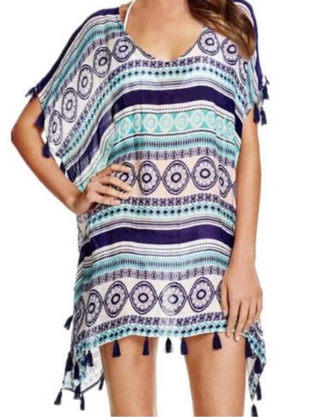 Striped Tassel Chiffon Beach Cover-Up - Blue/Teal